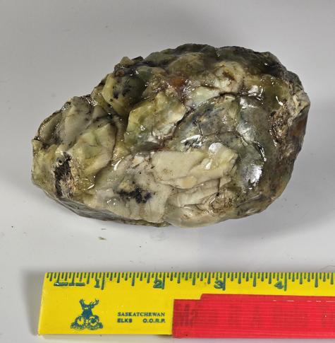 A wet yellowish green "chunk" of rough uncut rock. This is green Serpentine, a carving stone sometimes used as an alternative to Jade. Photo by Peachfront. From my collection, but I'll sell it to US shipping addresses...