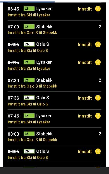oversikt over togavganger som viser at nesten alt er innstilt