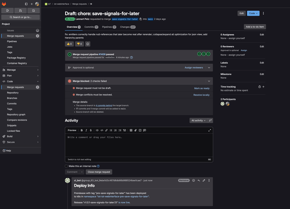 GitLab merge request page with a comment by user “ci_bot” reading:

## Deploy Info
Prerelease with tag "pre-save-signals-for-later" has been deployed
to k8s in namespace "iot-iot-webinterface-pre-save-signals-for-later".

Release "v1.0.1-save-signals-for-later.13" is now live.