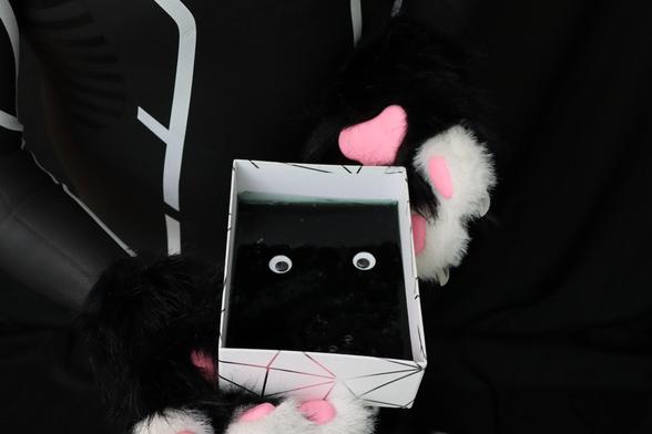 The image shows a close-up of a white box containing a dark, gooey substance with two small, round, googly eyes attached, making it look like a playful, slime-like creature. The box is being held by a person wearing large, furry paw gloves with black fur and pink paw pads. The background is black, and the person is dressed in a black outfit resembling a wetsuit or costume with white lines as part of its design.