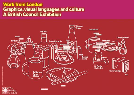 A red poster with white line illustrations. At the top is the title in bold text, it says "Work form London
Graphics, visual languages and culture
A British Council Exhibition"
Below are line illustrations of the various items you would find on a cafe breakfast table, mug of tea, hp sauce, plate with toast etc. The names of places in London and of design studios are situated in relation to these objects. The entire drawing created a map of London.