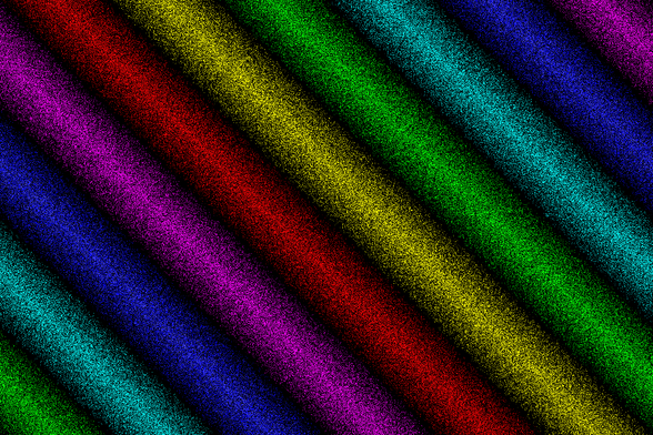 Sparkly 3D bars made of pixel noise and colored red, yellow, green, cyan, blue, and magenta, against a black background