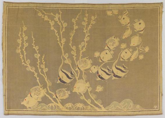 Lydia Bush Brown is best known for these "silk murals,"  or silk batik wall hangings. The medium is silk and its technique is wax-resist patterning (batik) on silk twill, embroidered.
Design: underwater scene of a school of tropical fishes swimming in a curving pattern past tall branches of corals and a seabed of sea urchins and sea stars.
Color palette: dark khaki, olive green, dim grey, eggplant (plus red eyes on the fish)