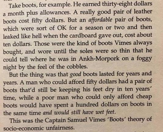 A page from a Discworld novel, giving the Vimes Boots Theory on Socioeconomic Unfairness