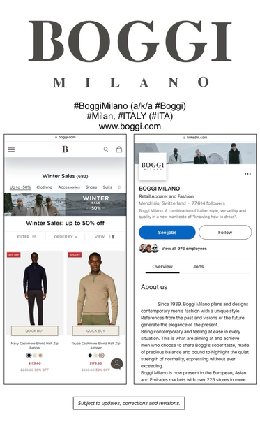 Logo and company information for Boggi Milano (Milan, Italy).