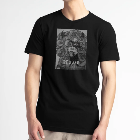 A t-shirt design with a drawing I did of Mab where the Shadow has already started taking over. Horns are growing from her head, and the inky-black Shadow-sickness spreads across her face and neck. There is faded writing that lists the various names she has gone by until, at the bottom, in bright white, reads, "The Shadow."