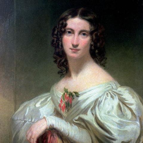 A painting of a woman with curly black hair wearing a white dress.