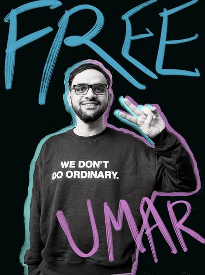 Poster of Umar Khalid with the words Free Umar. Umar's t shirt says 'We don't do ordinary'.