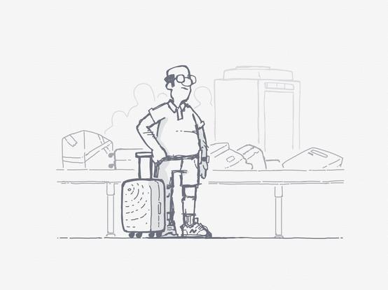 Illustration of a guy standing in line at airport security. He’s got one of those rolly carryon suitcases with him.