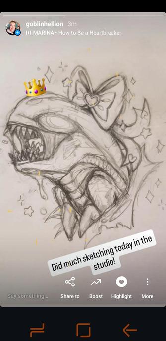 Screenshot of my instagram story, showing a work in progress sketch of a chestburster from Alien, bursting out of a chest, surrounded by sparkles, wearing a pretty magical girl-esque bow on top of its head. It's set to the song "How to Be a Heartbreaker" by Marina and the Diamonds.
