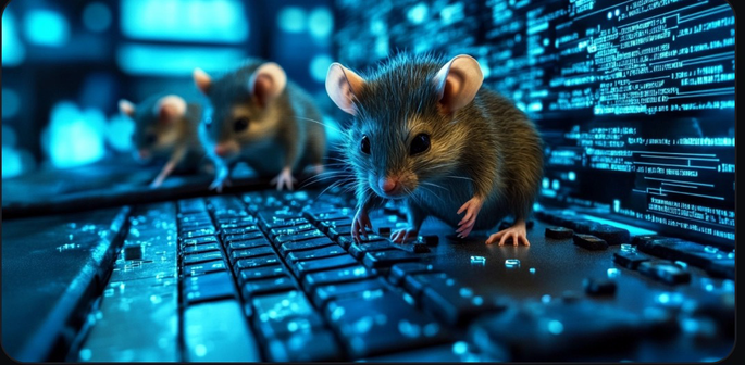 Three RATs on a keyboard near computer  systems.