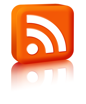 Icône carré avec le signe représentant un flux RSS (radar émetteur blanc sur fond orange) vu de 3/4, donnant une impression de perspective, avec un effet de reflet