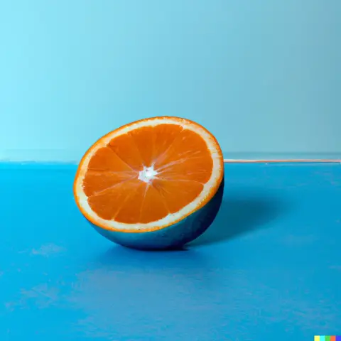 AI generated image of an orange, cut in half, with a blue with a blue peel and a light blue image background