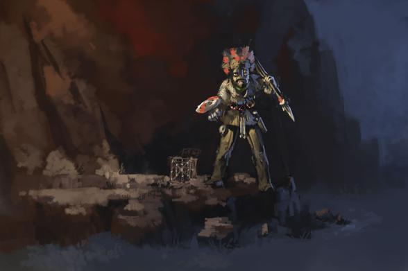 Digital painting of primitive tribal hunter, holding spear and buckler