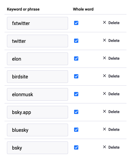 List of whole words to filter out: fxtwitter, twitter, elon, birdsite, elonmusk, bsky.app, bluesky, bsky