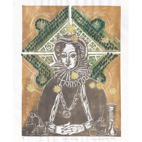My 11” x 14” linocut portrait of Sophie Brahe, a Renaissance aristocrat in headgear, ruff, dark clothing with medallion on a wide band and a long scarf or other thin fabric draped over her shoulders with her hands folded in front of her and alchemical vessels, printed in dark bronze ink, on a bronze background. In green behind her head is a map of the gardens at Uranienborg, with her head at the centre of the diamond shaped pale green knot garden (geometric planned gardens). This is surrounded by an orchard in darker green with semicircle bump outs on each side of the diamond. The stars of Cassiopeia from De stelle nova are printed in gold on top of everything; there are stars across her chest and ruff and in the garden and the large supernova is above her head.
