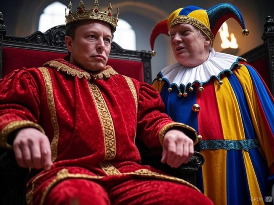 Musk in regal red costume sitting on a medieval throne wearing a crown with Trump by his side dressed as a jester.