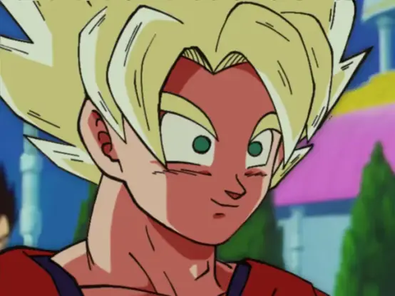 Goku usando el Super Saiyajin en el templo de Kami-sama, sonriendo casualmente