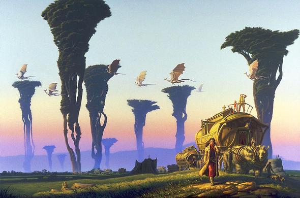 A caravan travels the grassy plains of an alien world as a line of dragons casually flies by. A man in overcoat with bright red garb underneath leads the way with a bag slung over his shoulder. The gypsy-like wagons that follow are pulled by rough skinned pachyderms. An adult and child stand at the rail atop the foremost wagon gazing out at the vista. Tall flat top trees rise up into a sky hazy with dusk and atmospheric effects that stretch lavender and peach across the horizon.