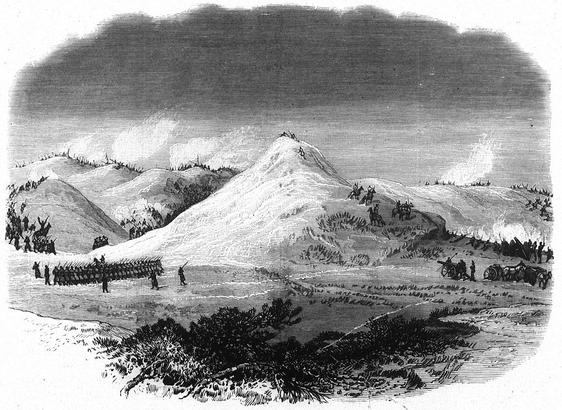 A photoprint of an illustration portraying Native American (Sioux and Cheyenne) and white men participating in the Battle of Wolf Mountain in Montana. A howitzer stands near a cliff edge in position to fire upon the Native Americans. From the original newspaper story: Our engraving, from a sketch by an officer of the expedition, represents the battle on the 8th of January, 1877, in the gorges of the Wolf Mountains, at the decisive moment when the Indians endeavored to flank the troops by occupying a high hill to the left and rear. By Unknown author - Photoprint of an illustration in Frank Leslie&#039;s Illustrated Newspaper, May 5, 1877, p. 156. (Via Denver Public Library Call no:X-33728), Public Domain, https://commons.wikimedia.org/w/index.php?curid=15269379
