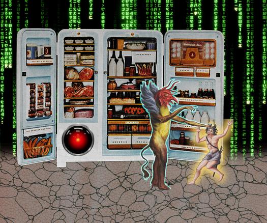 A deluxe mid-century fridge, its double-doors swung wide to reveal many groceries. Before it stands a demon, suspending a screaming man by the hair from one taloned hand. One of the fridge's panels has been replaced with the hostile red eye of HAL 9000 from Kubrick's '2001: A Space Odyssey.' In the background is a 'code waterfall' effect as seen in the credit sequences of the Wachowskis' 'Matrix' movies.  Image: Cryteria (modified) https://commons.wikimedia.org/wiki/File:HAL9000.svg  CC BY 3.0 https://creativecommons.org/licenses/by/3.0/deed.en