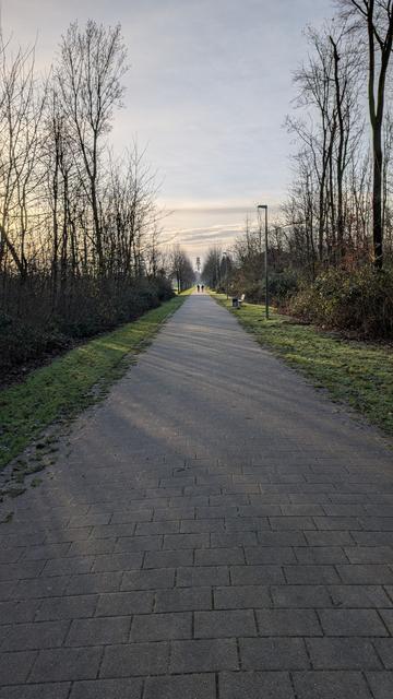 Weite Sicht auf einen gepflasterten Weg. In der Ferne sind ein Kohleförderturm und zwei Personen erkennbar.