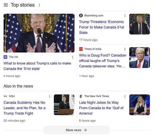 Google News screenshot of stories about Trump's Canada threat