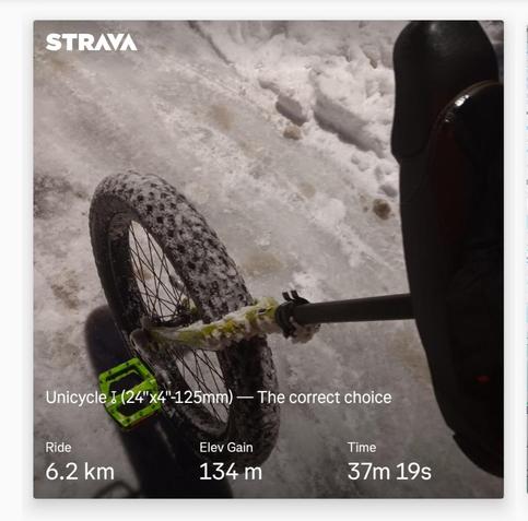 Screenshot from a Strava activity with a picture showing a unicycle viewed from above, covered in snow on a snowy road.

The activity has details about the unicycle and has the title, "The correct choice".