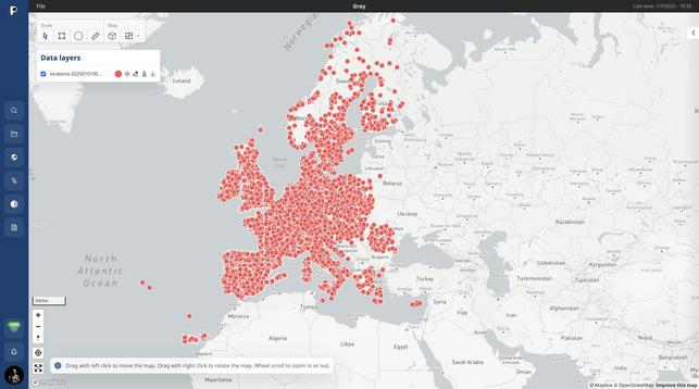 Screenshot von einer Europa Landkarte die voll mit roten Punkten ist