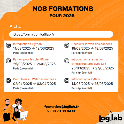 https://formation.logilab.fr/#prochaines-sessions

Calendrier des formations Logilab pour les prochaines sessions