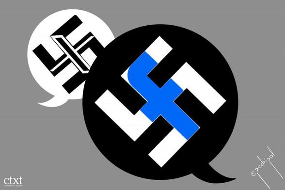 Viñeta con dos "bocadillos de conversación". Ambos contienen el símbolo de una esvástica que incorpora el logotipo de X (Twitter) en un bocadillo y el de Facebook en el otro