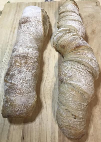 top view of the two baguettes, left no shaping and right twisted
