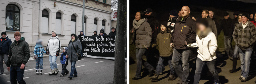 Rechte Familien: Links: Madlen und Angelika Reichardt mit David Reichardt als Kind. Rechts: Kay Fischer mit Kay Ian Fischer auf auf einer Demo in Schneeberg. Beide Demos waren im Jahr 2014.