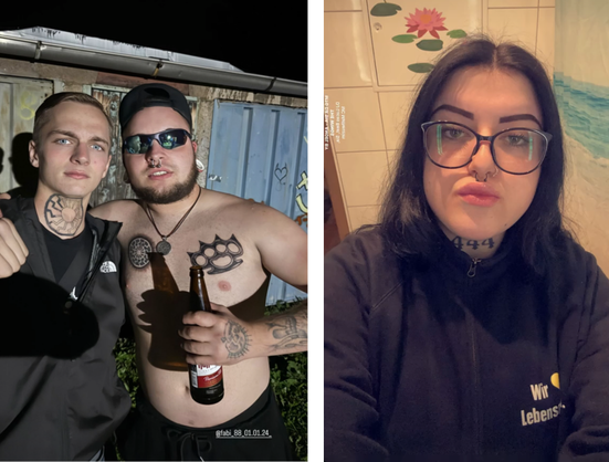 Links: Noah Schumann und Fabian Nöbel mit Schwarze-Sonne-Tattoos. Rechts: Stella Schmidt mit 444-Tattoo und Edeka-Arbeitskleidung.
