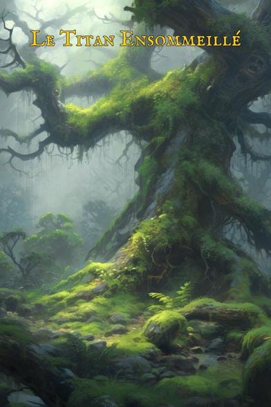 Paysage dans une forêt ancienne couverte de mousse. Vue en gros plan d'un arbre au tronc large et haut, aux branches torves. le tronc et les branhes sont couverts de mousse. Texte : Le Titan ensomeillé.