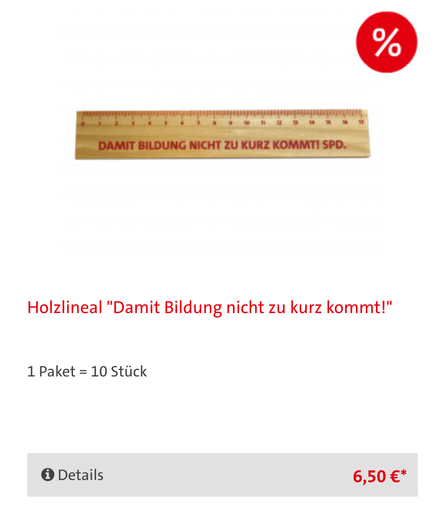 Ein Screenshot von der SPD Shop Webseite welches ein Lineal Paket zeigt das 6.50€ kostet. Im Paket sind 10 Lineale enthalten.
