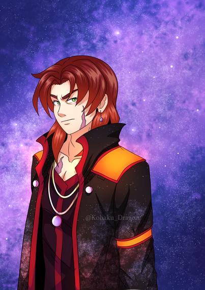 A man with shoulder length red/orange hair and green eyes. He has a scar on his face and chest. He wears a black coat with orange and red accents that glow. His coat has a star/space pattern on them. He wears a maroon v-neck shirt underneath. he has two necklaces, one with a purple medallion on it. Behind him is a star-filled sky.