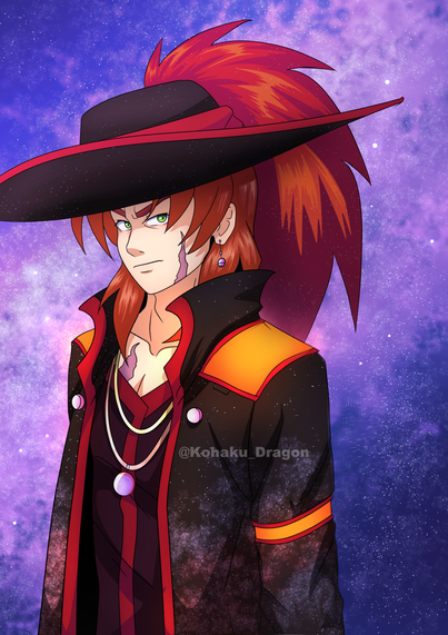 A man with shoulder length red/orange hair and green eyes. He has a scar on his face and chest. He wears a black coat with orange and red accents that glow. His coat has a star/space pattern on them. He wears a maroon v-neck shirt underneath. he has two necklaces, one with a purple medallion on it. Behind him is a star-filled sky. In this version, he's also wearing a large black and red hat with several big fluffy feathers in the back.