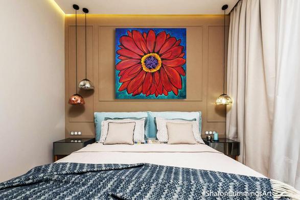 Big bold red hand painted Gerber daisy in a bedroom decor setting by artist Sharon Cummings.