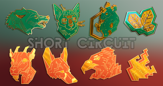 Banner that says "Short Circuit" in the background and includes a preview of all 8 designs revealed so far: four green PCB (Earth) - a snarling wolf, cat, mouse, and leaves, and four orange PCB (Fire) - a goat, fox, eagle, and flame.