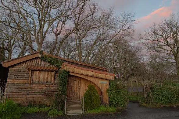 Une maison en bois de plusieurs nuances de marron. Devant elle, des arbustes versoyants et des plantes grimpantes. Derrière elle, de grands arbres sans feuilles. Derrière eux, un ciel bleu avec des nuages roses.