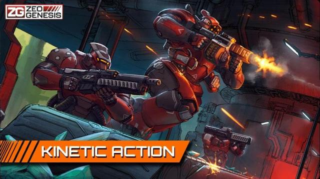 A giant red armored mech in dynamic combat, firing weapons in a futuristic cityscape. Explosions and beams of light enhance the action-packed scene. Text overlay: "Zeo Genesis."