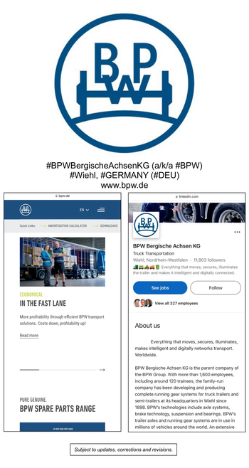 Logo and company information for BPW (Wiehl, Germany).