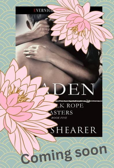 Book cover partly revealed set against a Japanese-inspired background of green and gold scales.
Book cover partial covered by two stylised lotus flowers in pinks and gold.