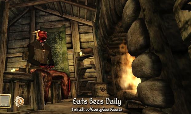 Eats Bees Daily, an argonian, sitting by her fireplace.