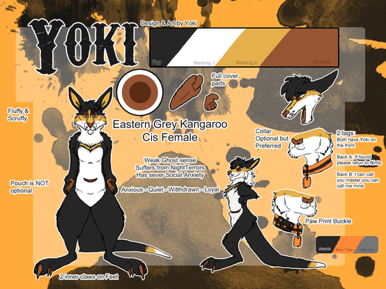 Refsheet for a dark grey kangaroo with white under belly and tan and brown accents.