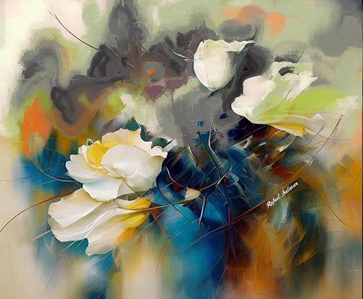 Abstract floral painting with white and yellow petals set against a backdrop of deep blues, greens, and warm orange tones, evoking the fleeting nature of life.