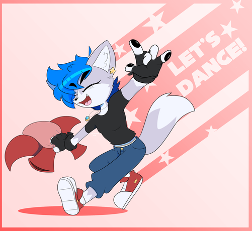 Buttons, a silver fox furry with blue hair, dances in an unusual energeticly manner, holding his red jacket which flows with his movement. there's a pink and red design in the background, with text reading LET'S DANCE!