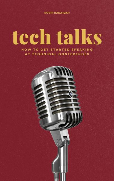 Front cover of the book "tech talks" that has a red background, and a retro microphone in the center.