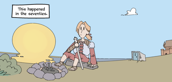 A panel from the story. In a different art style, to indicate Aquila is telling the story, Aquila sits at her usual spot, on guard duty. A caption reads "This happened in the seventies."
